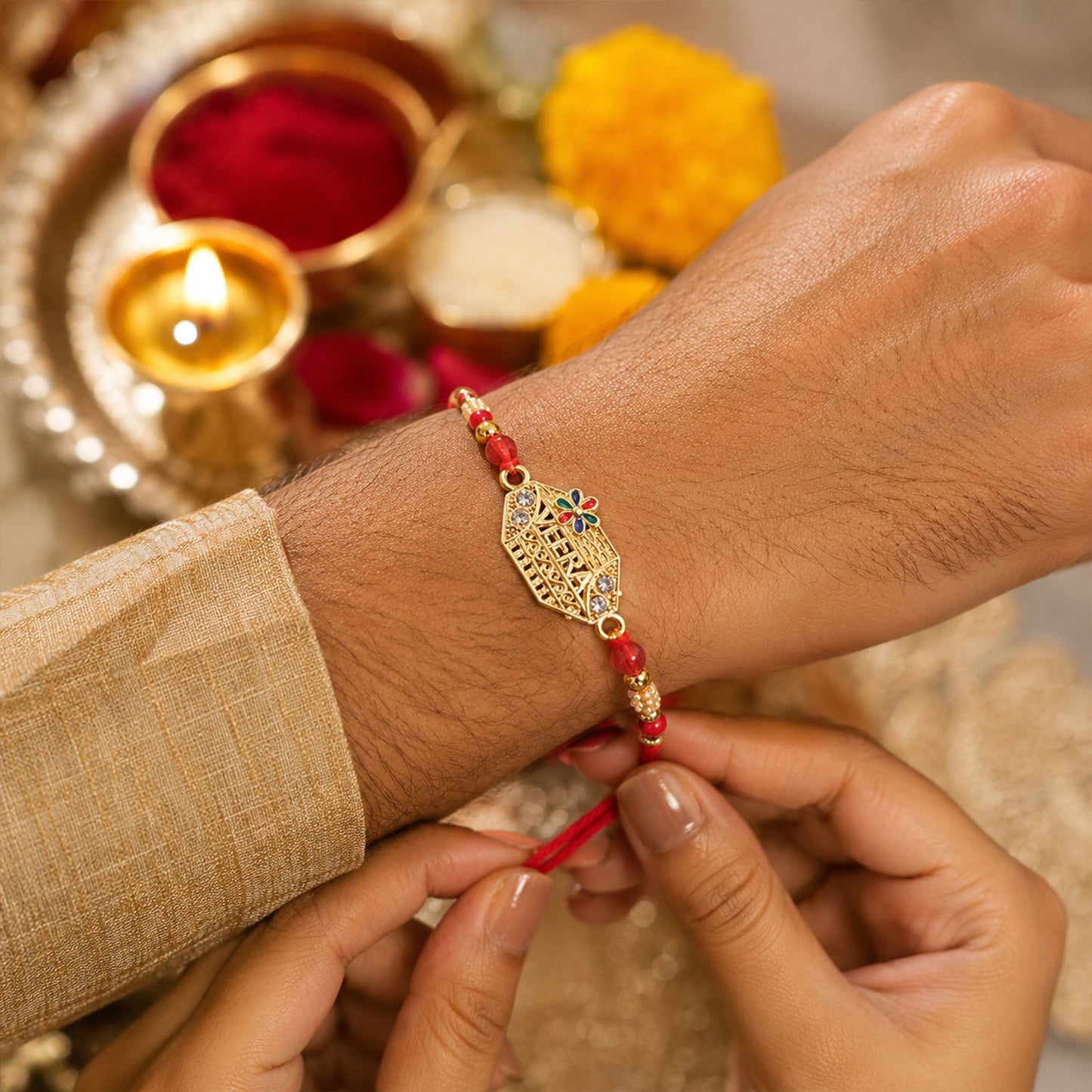 Premium Veera Text Stone Kundan Beaded Traditional Pattern Designer Rakhi