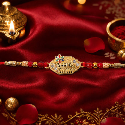 Premium Veera Text Stone Kundan Beaded Traditional Pattern Designer Rakhi