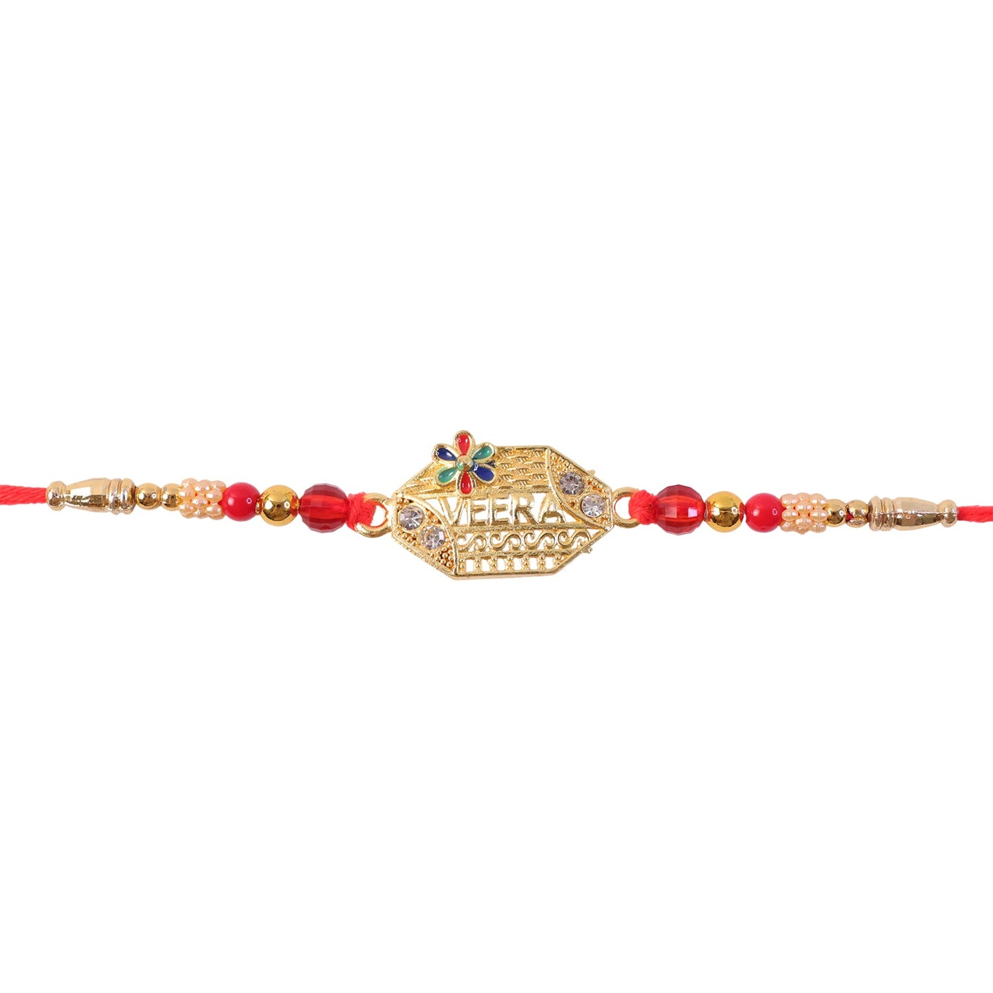 Premium Veera Text Stone Kundan Beaded Traditional Pattern Designer Rakhi