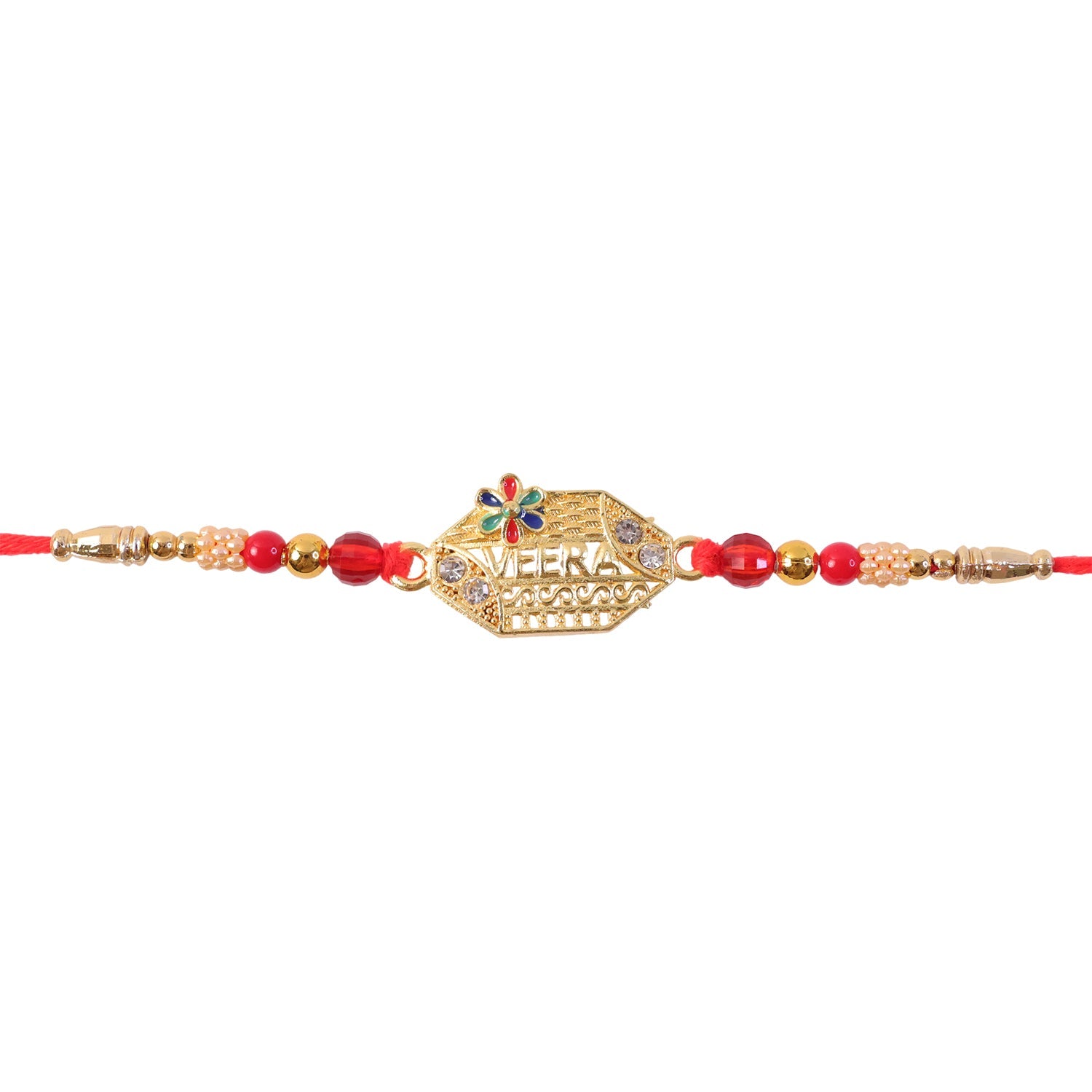 Premium Veera Text Stone Kundan Beaded Traditional Pattern Designer Rakhi