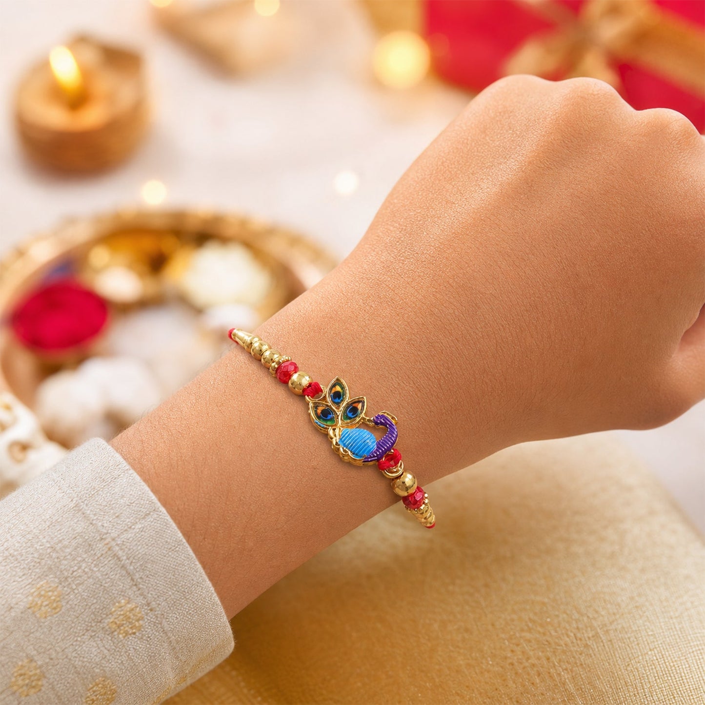 Peacock Stone Kundan Beaded Ornamental Motif Pattern Brother Rakhi