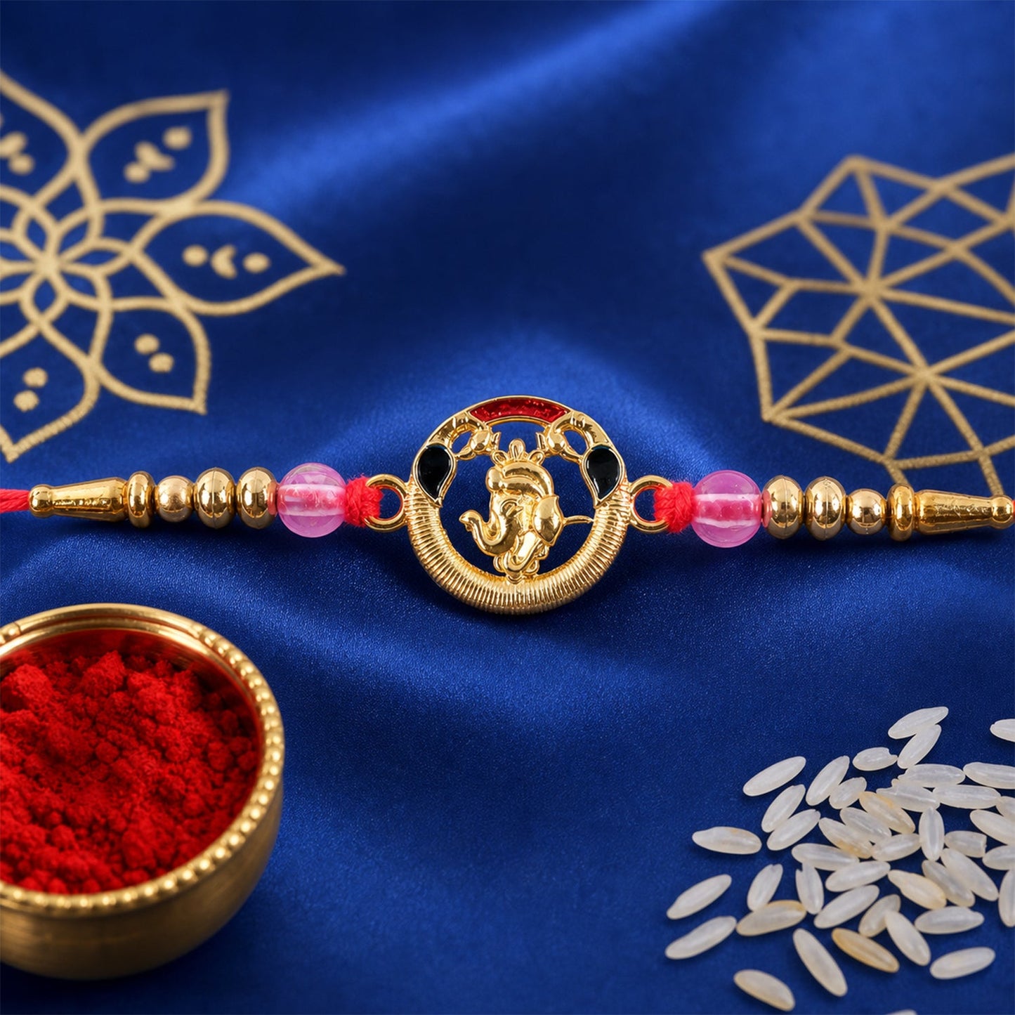 Round Ganesha Kundan Beaded Sacred Motif Pattern Traditional Rakhi