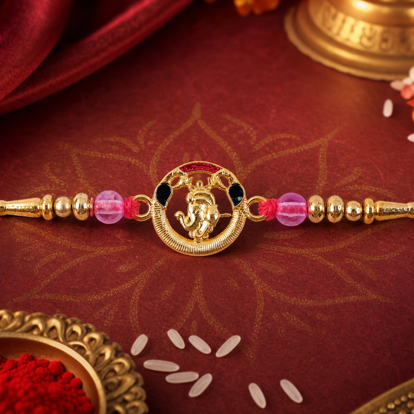 Round Ganesha Kundan Beaded Sacred Motif Pattern Traditional Rakhi