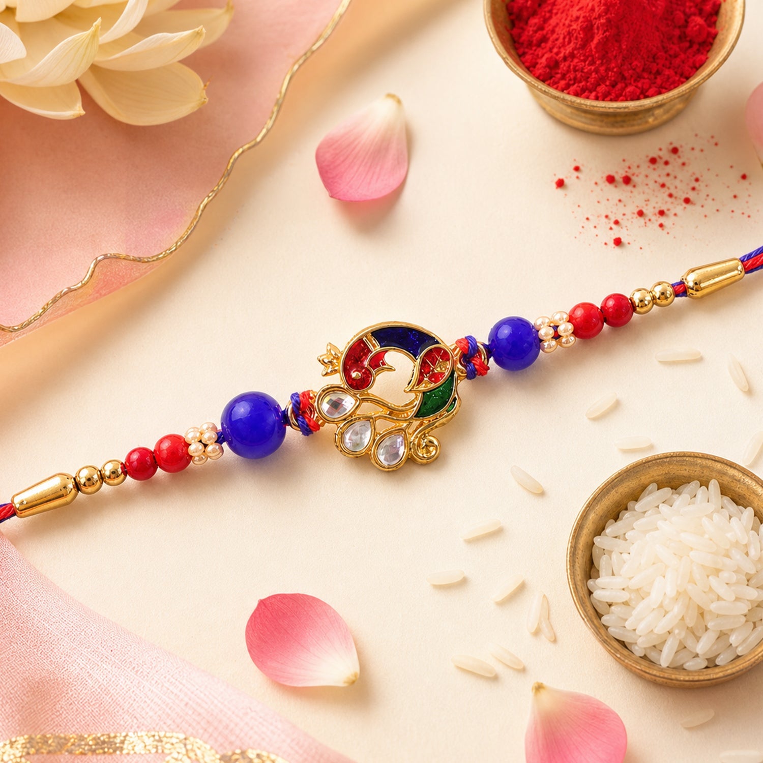 Peacock Floral Kundan Beaded Elegant Pattern Work Designer Rakhi