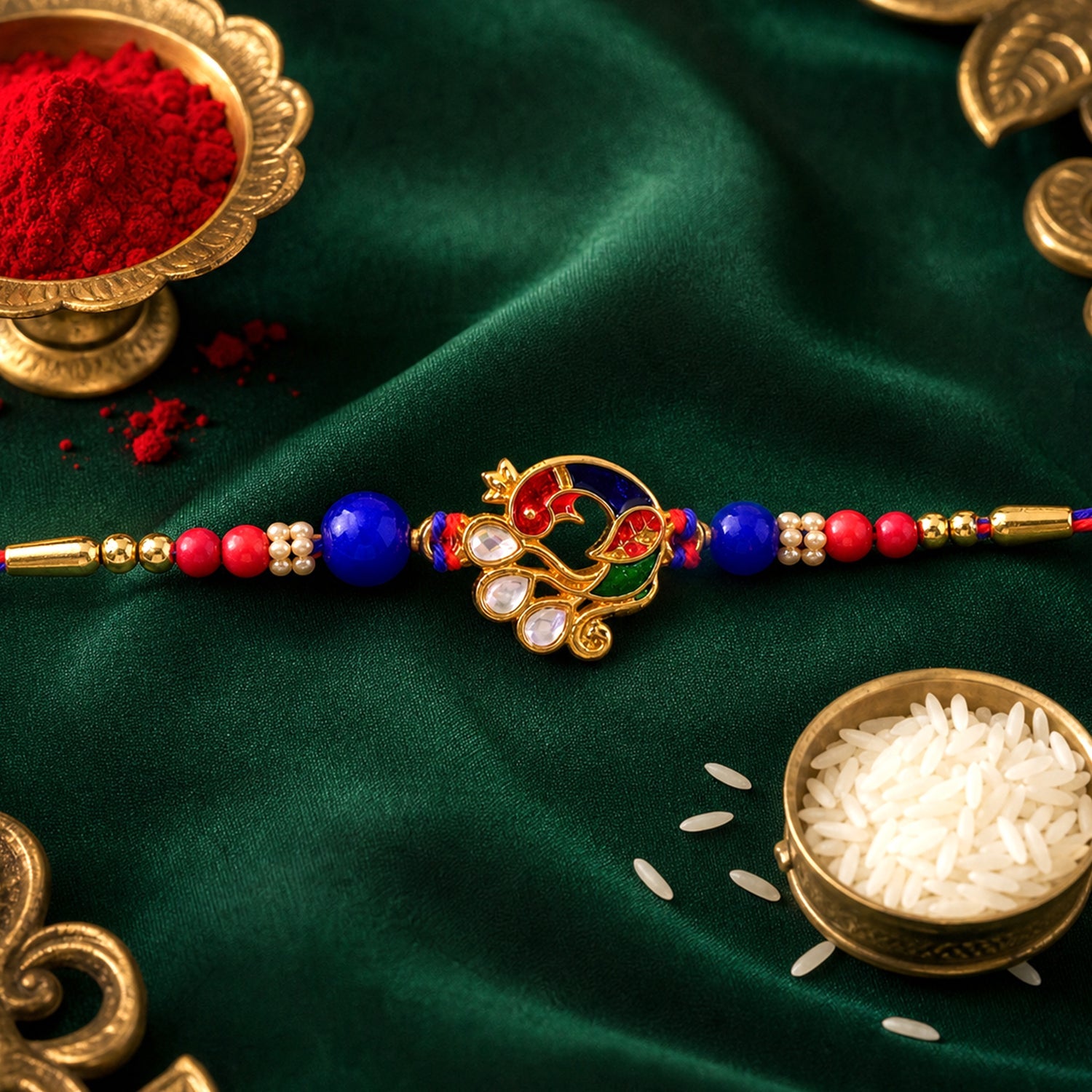 Peacock Floral Kundan Beaded Elegant Pattern Work Designer Rakhi