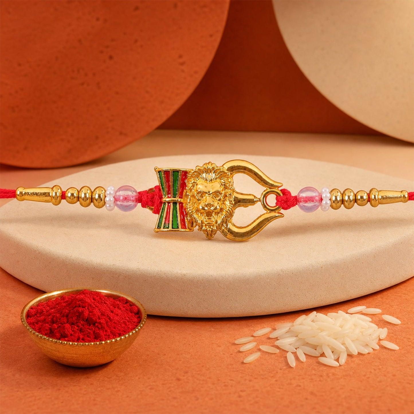 Damaru Trishul Lion Motif Kundan Beaded Devotional Charm Rakhi for Brother