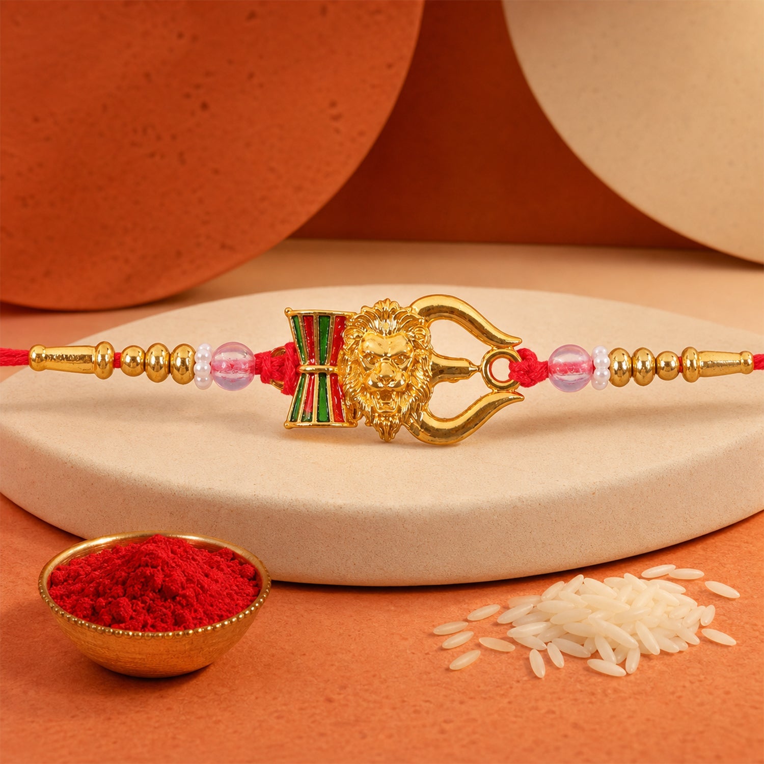 Damaru Trishul Lion Motif Kundan Beaded Devotional Charm Rakhi for Brother
