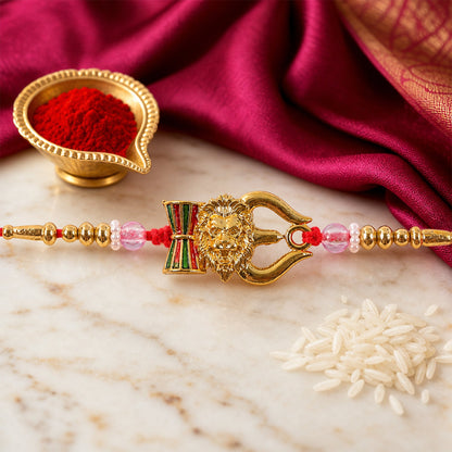 Damaru Trishul Lion Motif Kundan Beaded Devotional Charm Rakhi for Brother
