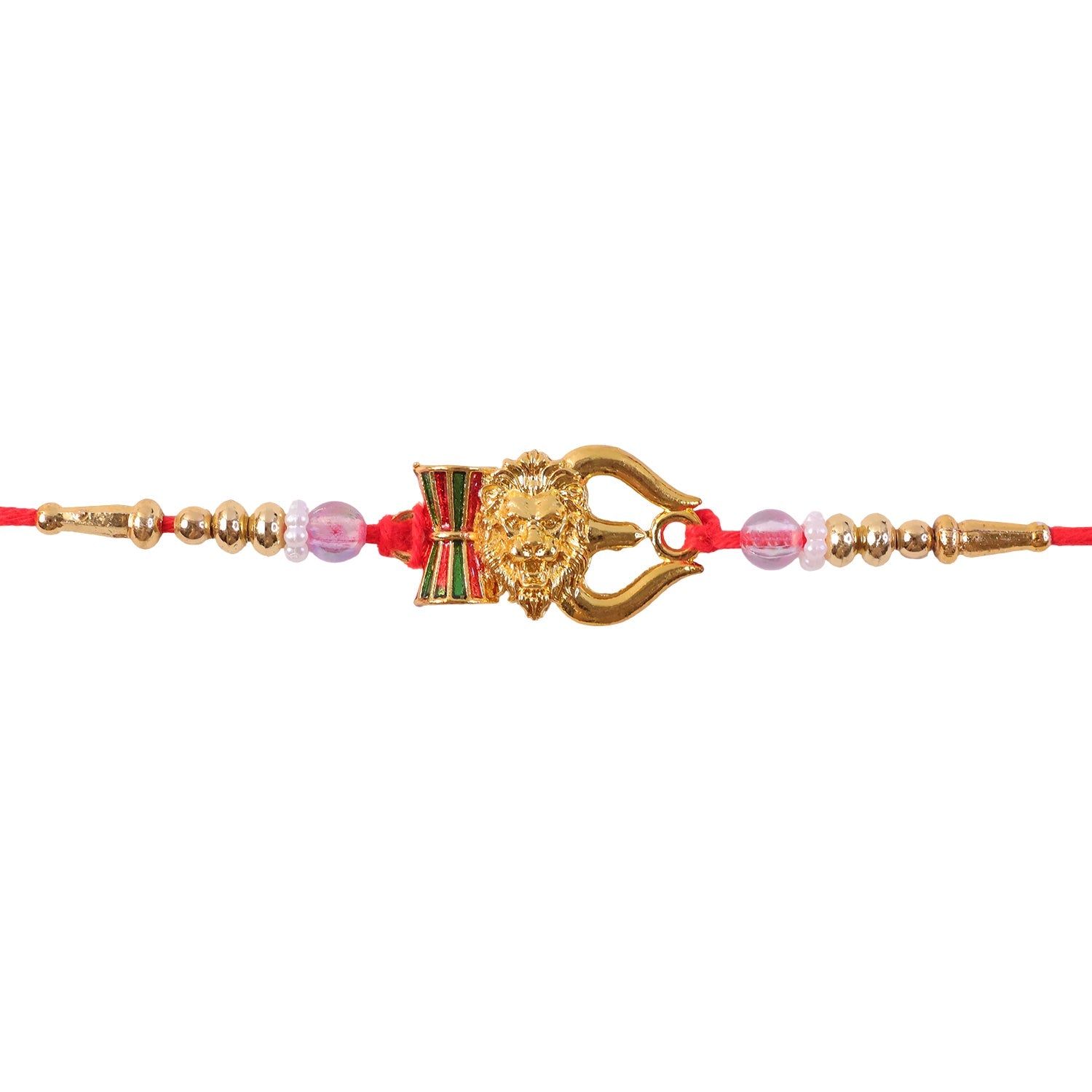 Damaru Trishul Lion Motif Kundan Beaded Devotional Charm Rakhi for Brother