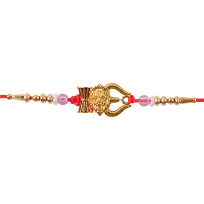 Damaru Trishul Lion Motif Kundan Beaded Devotional Charm Rakhi for Brother