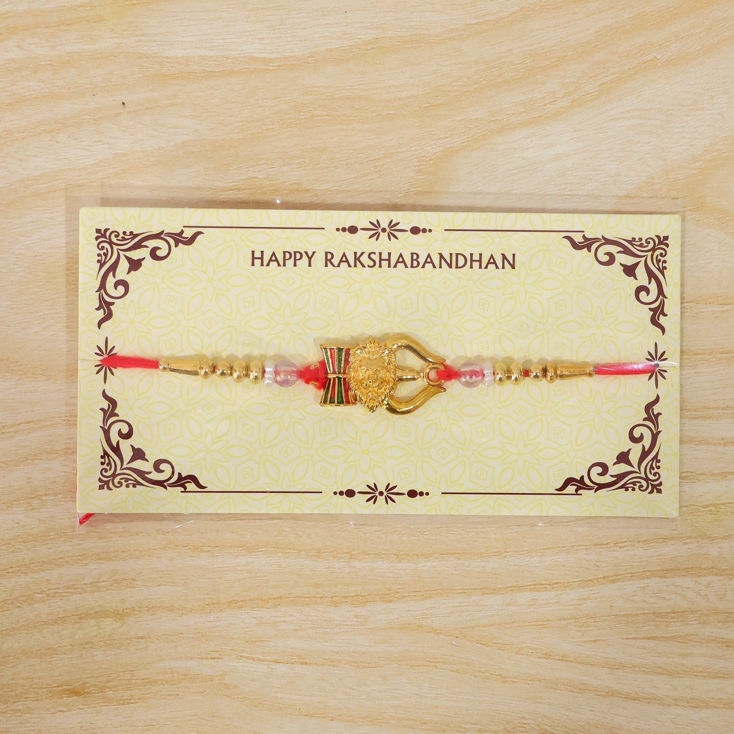 Damaru Trishul Lion Motif Kundan Beaded Devotional Charm Rakhi for Brother