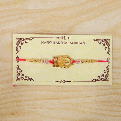 Damaru Trishul Lion Motif Kundan Beaded Devotional Charm Rakhi for Brother