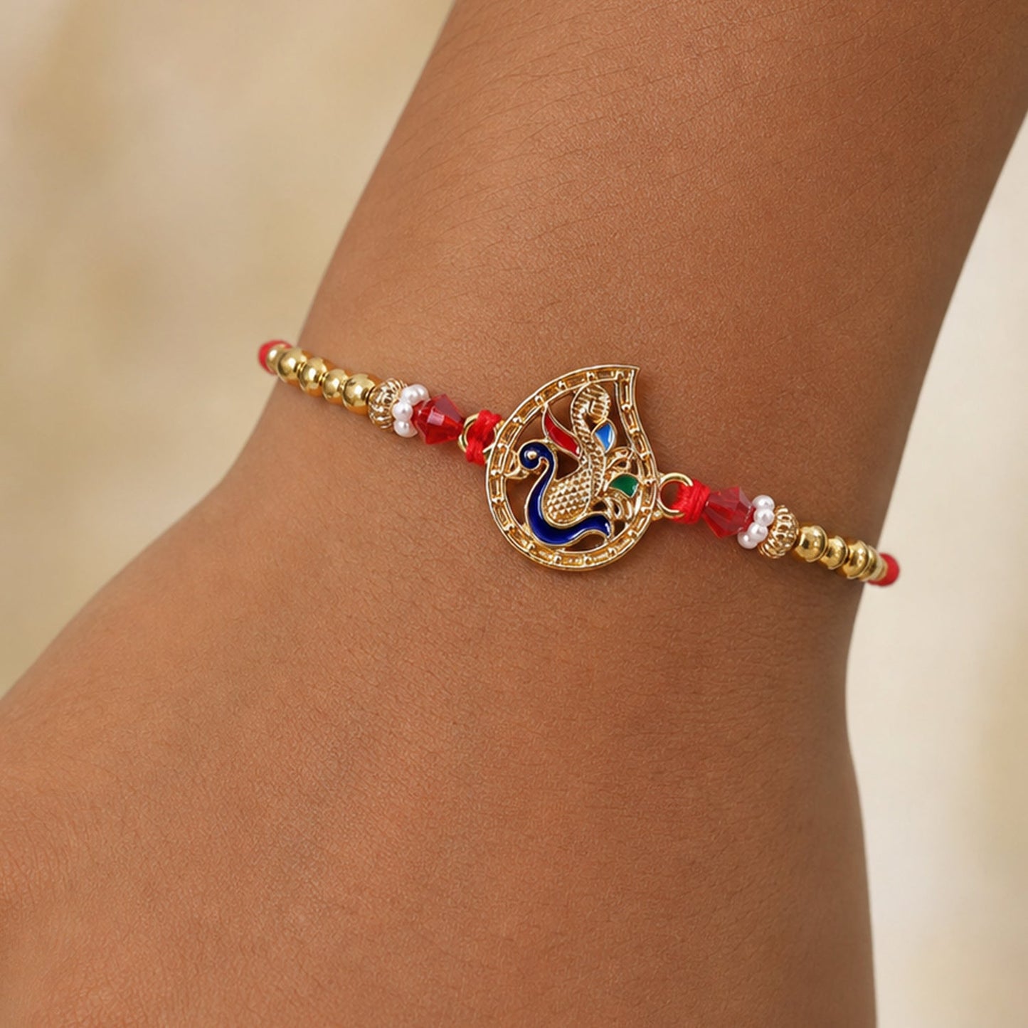 Om Peacock Pearl Kundan Beaded Sacred Motif Pattern Brother Rakhi