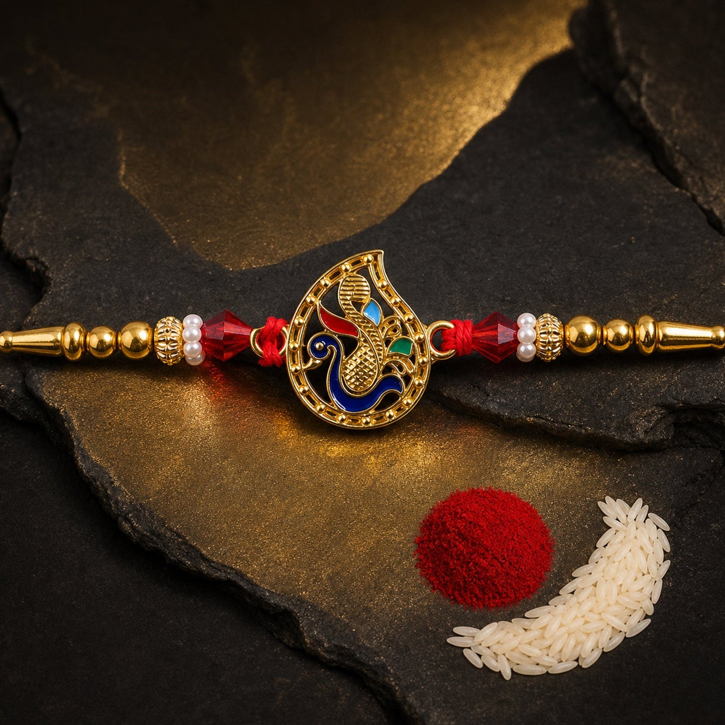 Om Peacock Pearl Kundan Beaded Sacred Motif Pattern Brother Rakhi