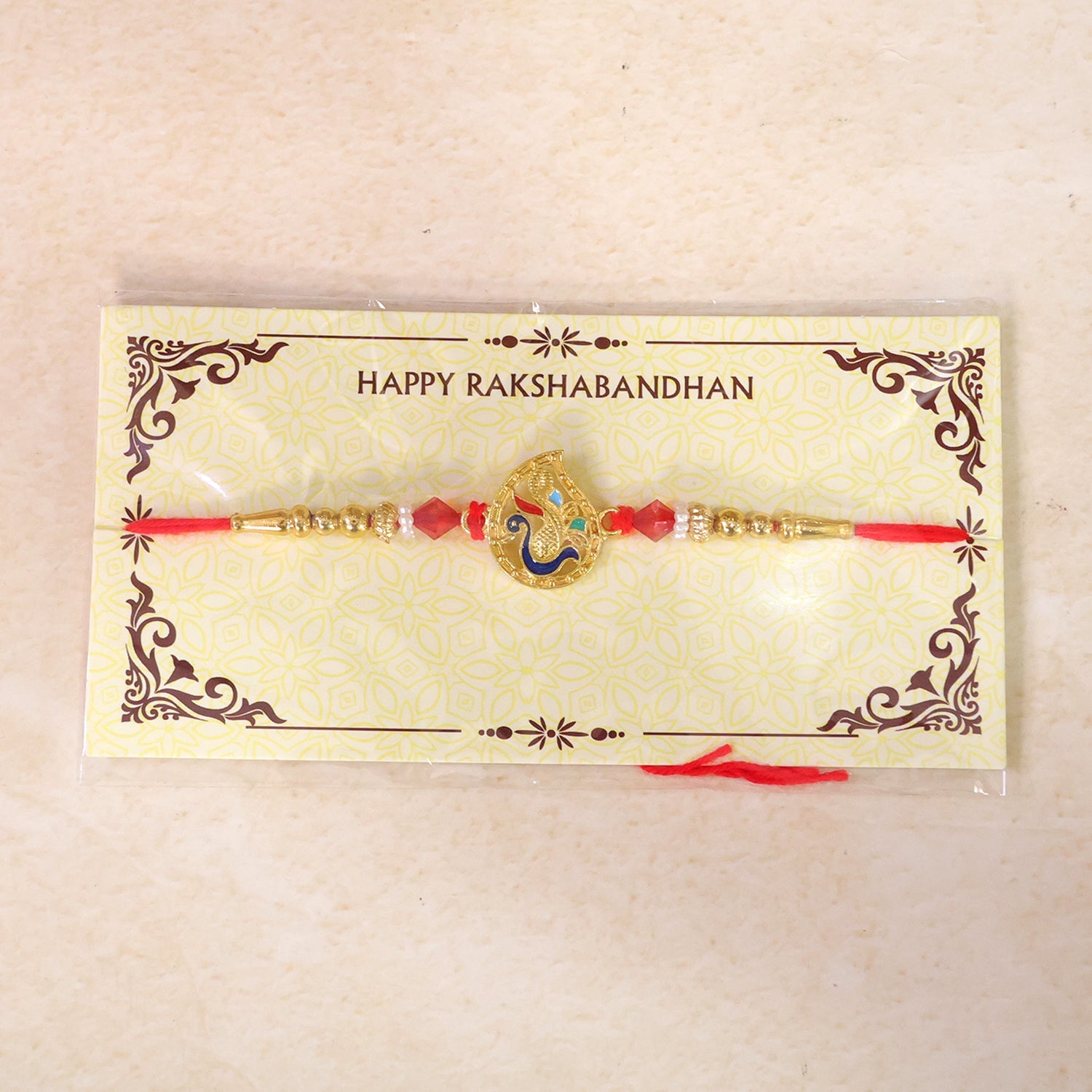 Om Peacock Pearl Kundan Beaded Sacred Motif Pattern Brother Rakhi