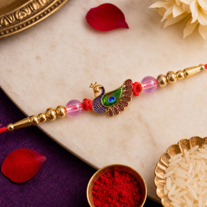 Peacock Charm Kundan Beaded Ornate Pattern Designer Brother Rakhi