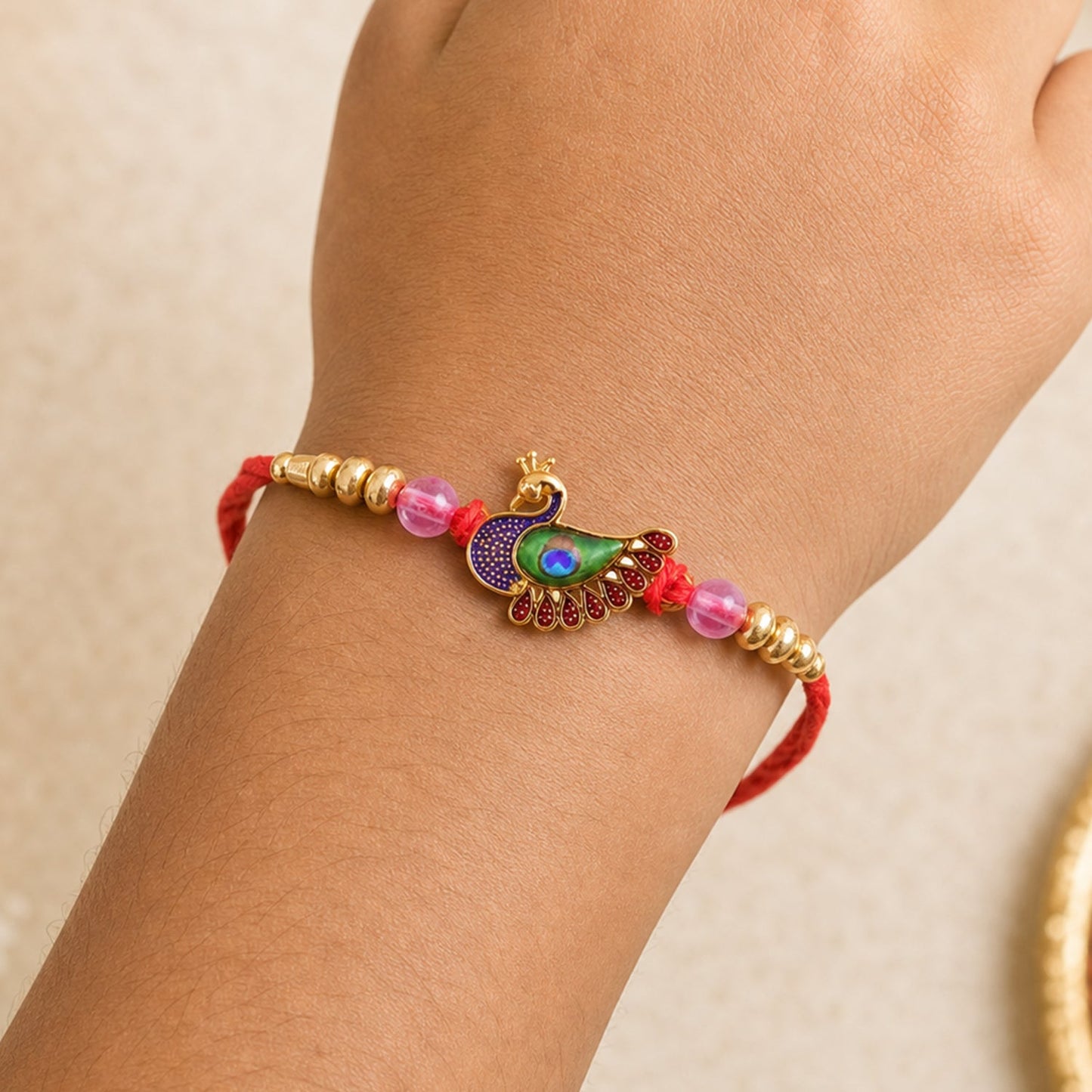 Peacock Charm Kundan Beaded Ornate Pattern Designer Brother Rakhi