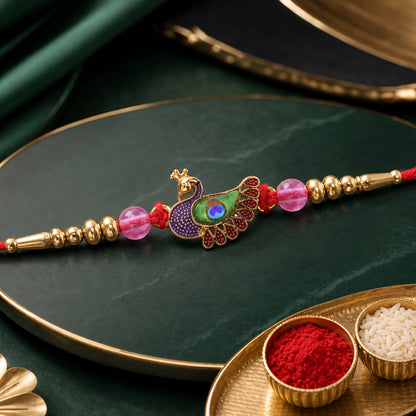 Peacock Charm Kundan Beaded Ornate Pattern Designer Brother Rakhi