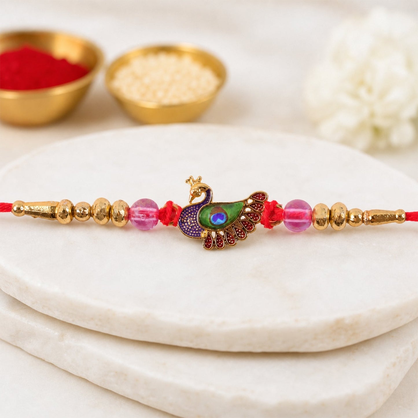 Peacock Charm Kundan Beaded Ornate Pattern Designer Brother Rakhi