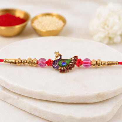 Peacock Charm Kundan Beaded Ornate Pattern Designer Brother Rakhi