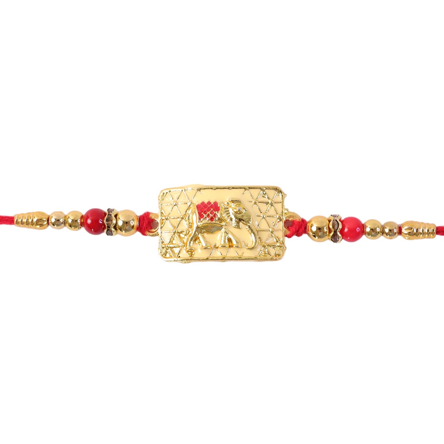 A close-up of a gold elephant charm with red and gold beads on a red thread, centered against a plain white background.