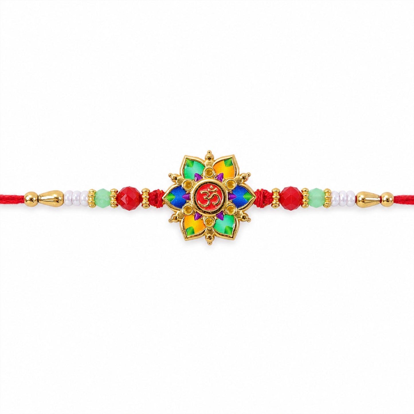 The multicolor lotus and Om design, with red, green, and white beads on a red thread, is presented on a plain white