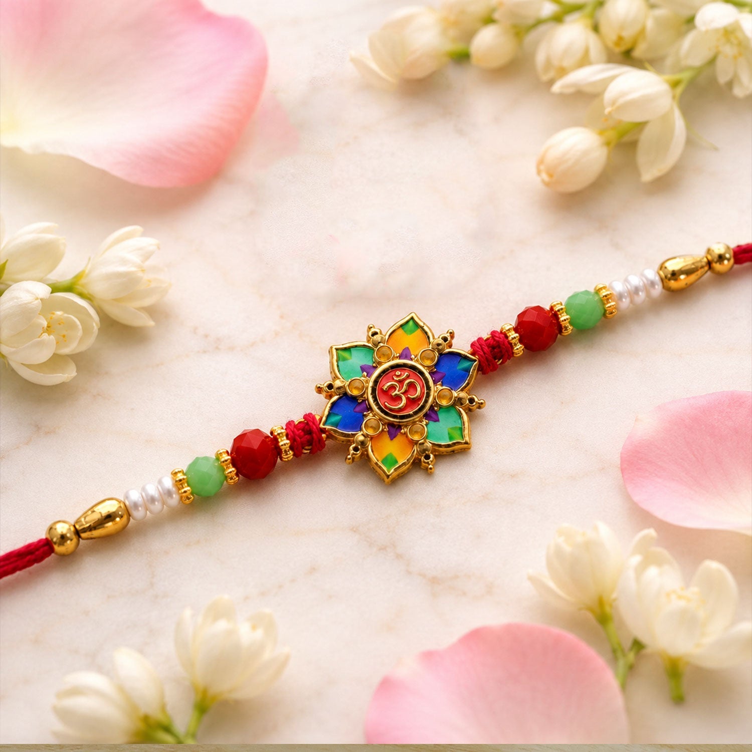 The colorful lotus and Om design, with red, green, and white beads on a red thread, is displayed on a white marble surface
