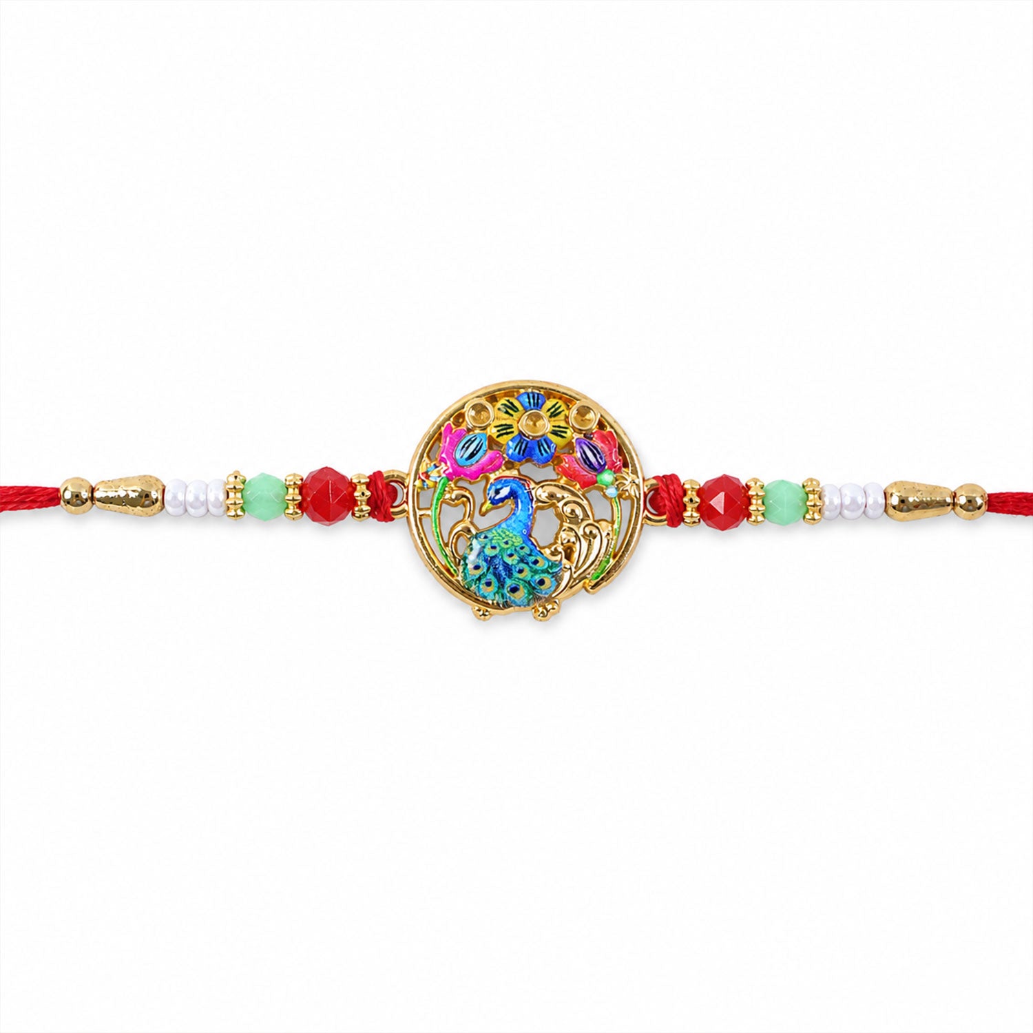 A red thread bracelet features a gold-colored peacock and floral centerpiece, flanked by red, green, and white beads,