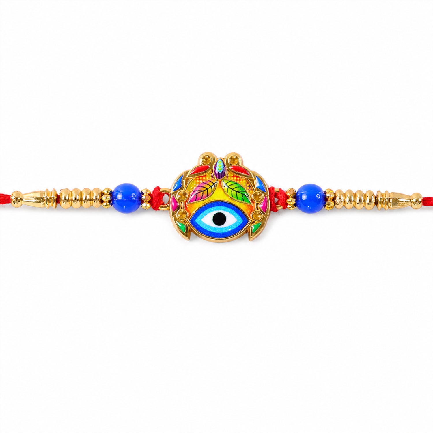 A detailed close-up of the Evil Eye Rakhi shows a blue eye motif surrounded by colorful leaves, with blue beads and