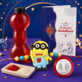 Kids Cartoon Rakhi with Water Bottle Gift Combo - Yellow Character Rakhi, Silver-Plated Coin, Roli Chawal & Greeting Card