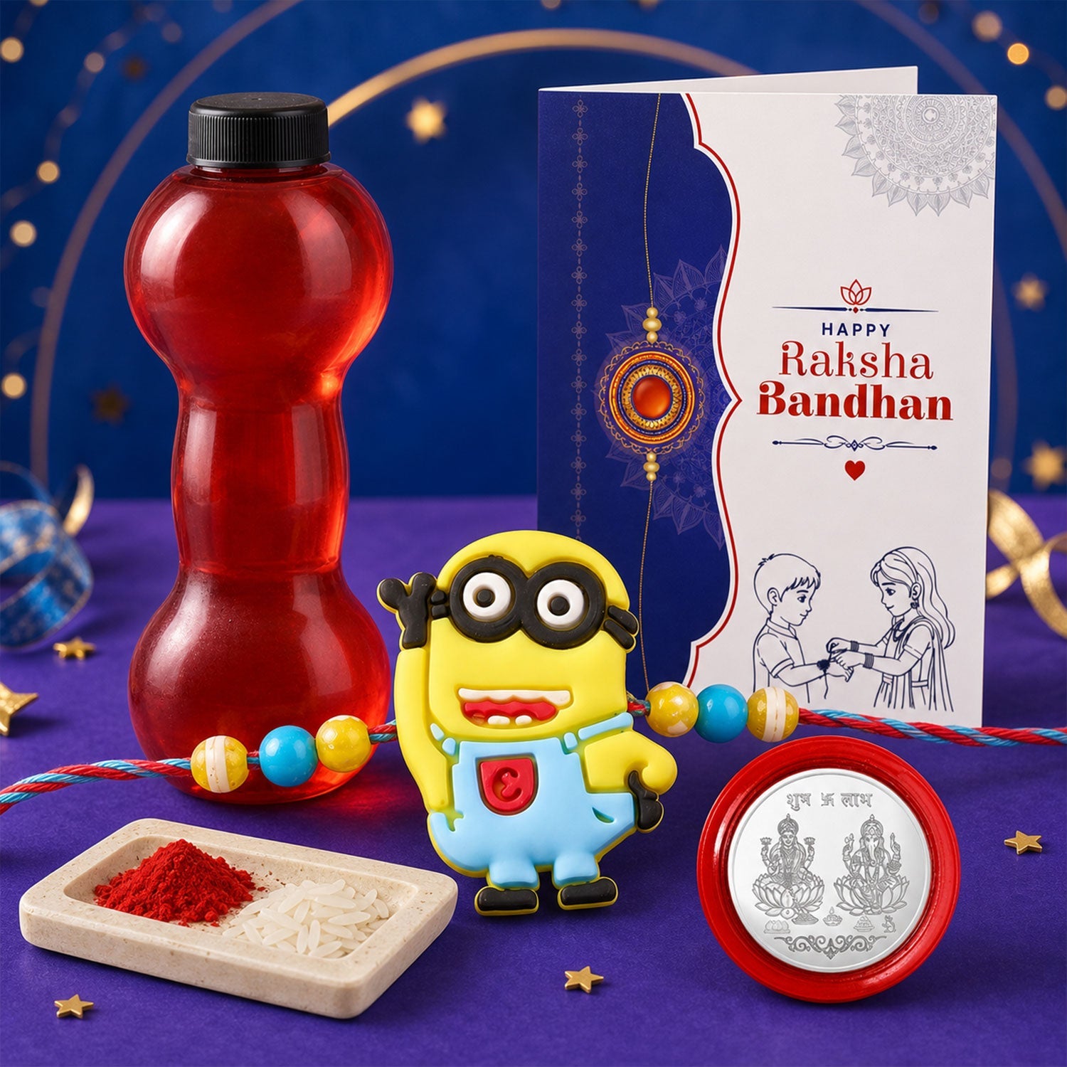 Kids Cartoon Rakhi with Water Bottle Gift Combo - Yellow Character Rakhi, Silver-Plated Coin, Roli Chawal & Greeting Card