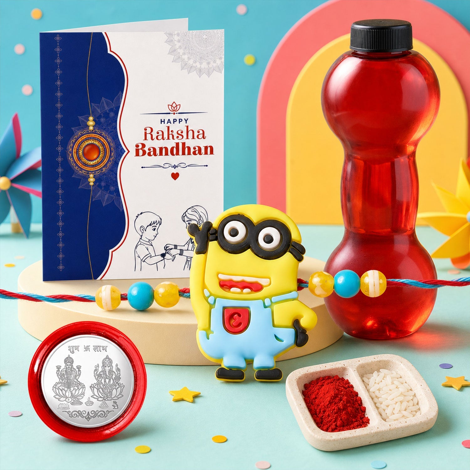 Kids Cartoon Rakhi with Water Bottle Gift Combo - Yellow Character Rakhi, Silver-Plated Coin, Roli Chawal & Greeting Card