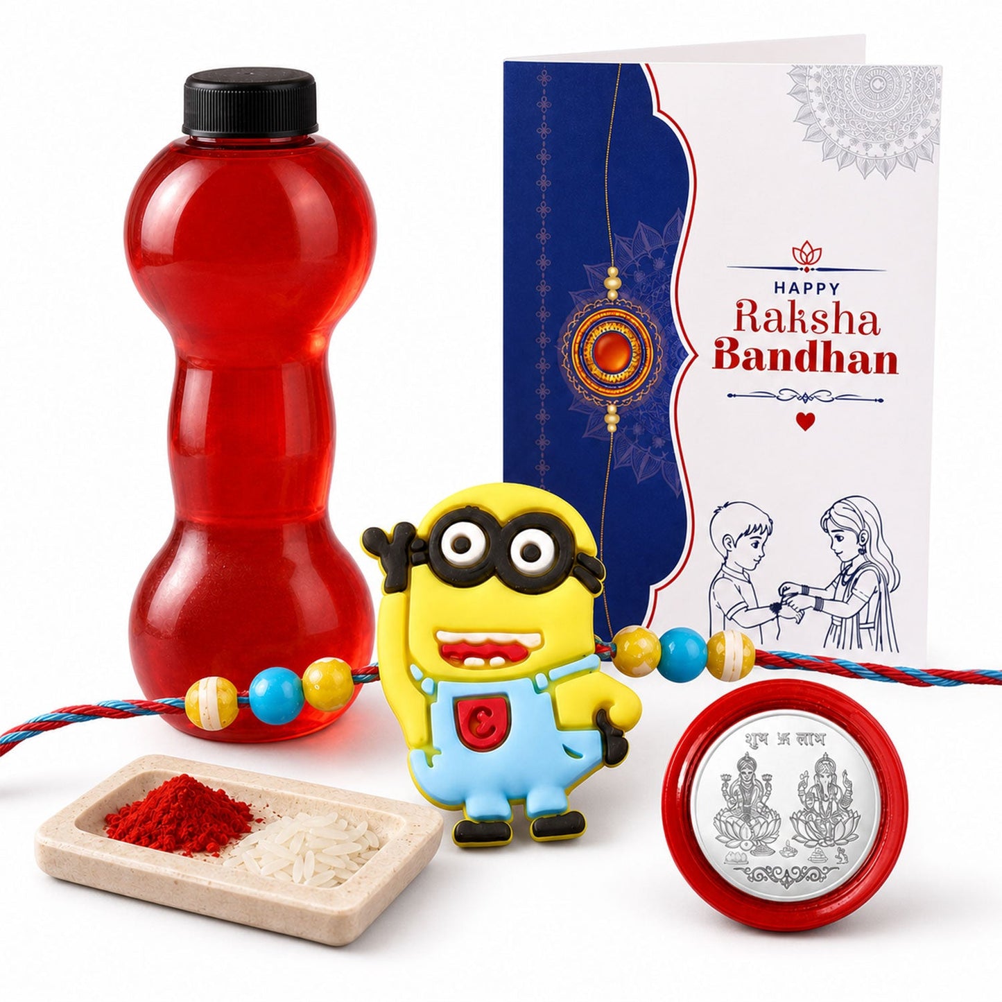 Kids Cartoon Rakhi with Water Bottle Gift Combo - Yellow Character Rakhi, Silver-Plated Coin, Roli Chawal & Greeting Card