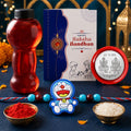Blue Cartoon Cat Rakhi with Water Bottle Gift Combo - Kids Rakhi, Silver-Plated Coin, Roli Chawal & Greeting Card