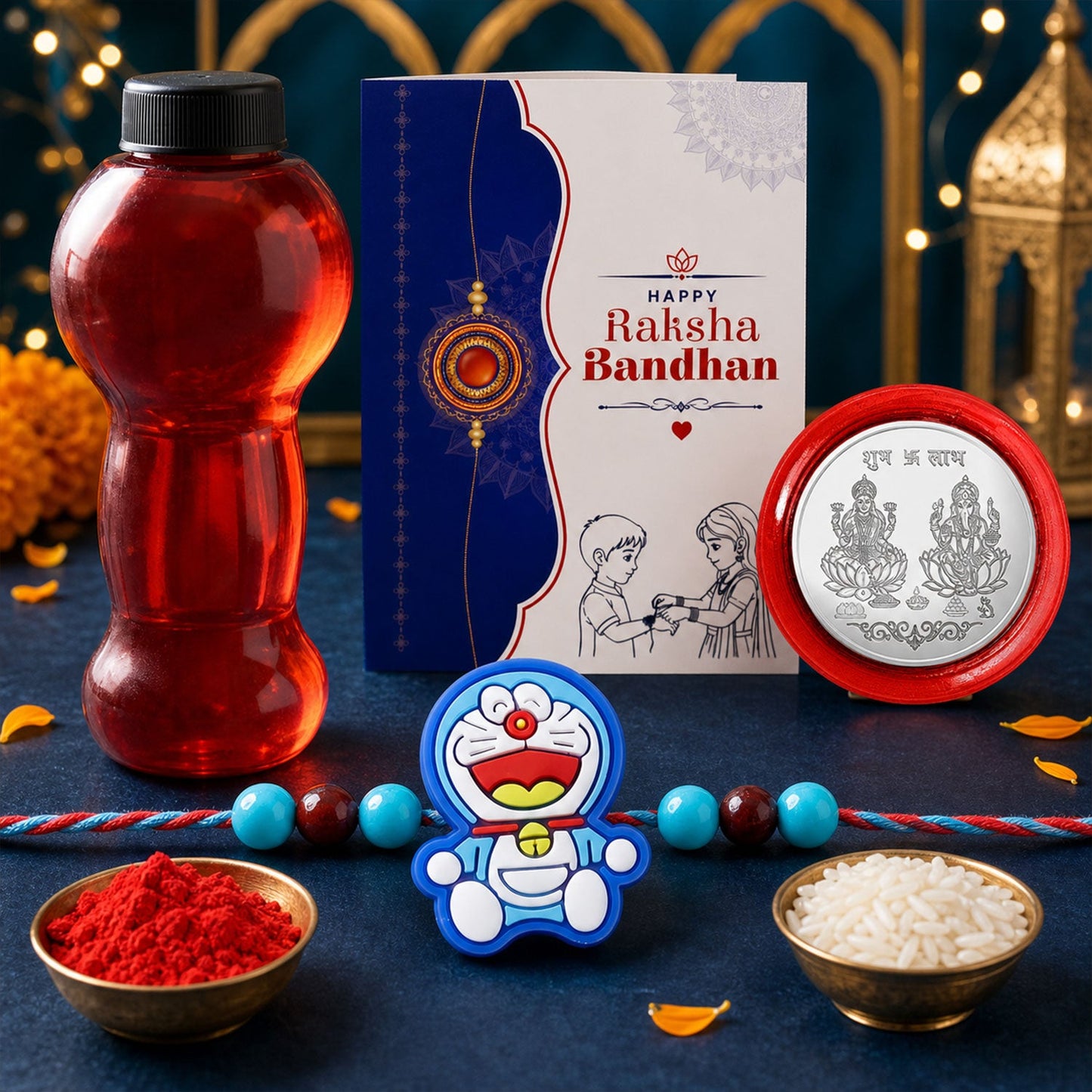 Blue Cartoon Cat Rakhi with Water Bottle Gift Combo - Kids Rakhi, Silver-Plated Coin, Roli Chawal & Greeting Card