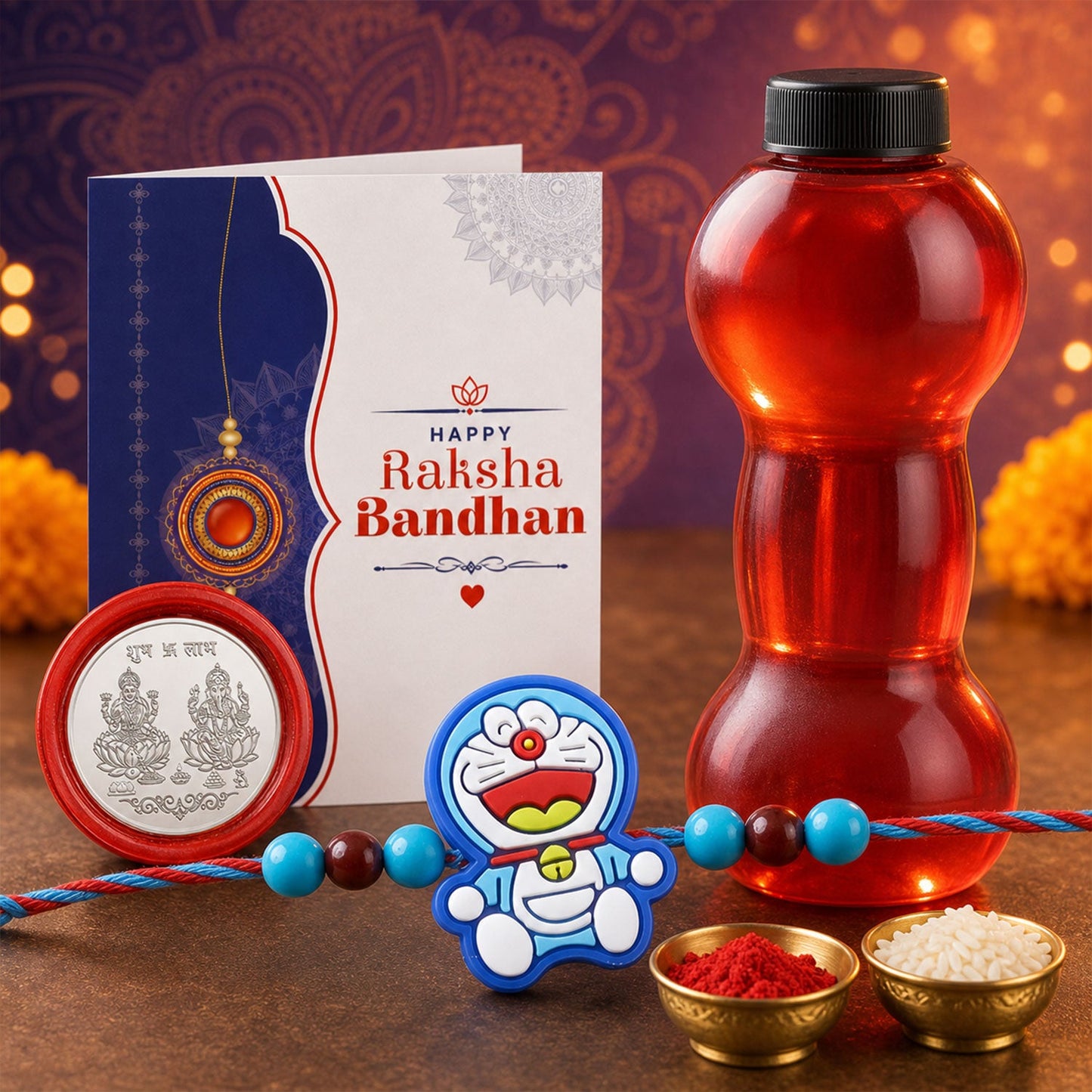 Blue Cartoon Cat Rakhi with Water Bottle Gift Combo - Kids Rakhi, Silver-Plated Coin, Roli Chawal & Greeting Card