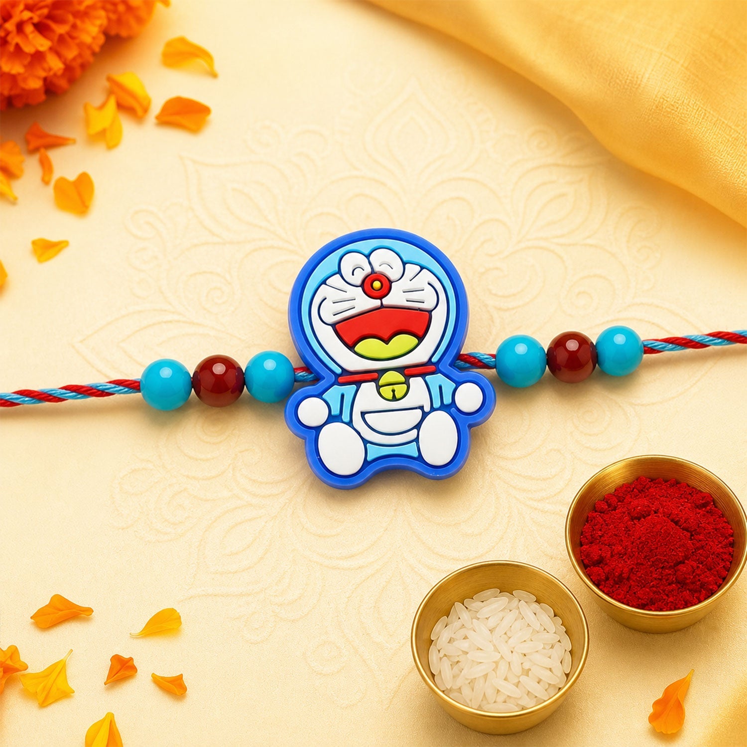 Blue Cartoon Cat Rakhi with Water Bottle Gift Combo - Kids Rakhi, Silver-Plated Coin, Roli Chawal & Greeting Card