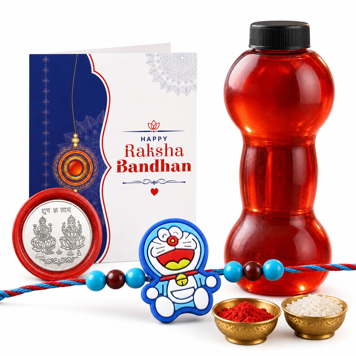 Blue Cartoon Cat Rakhi with Water Bottle Gift Combo - Kids Rakhi, Silver-Plated Coin, Roli Chawal & Greeting Card