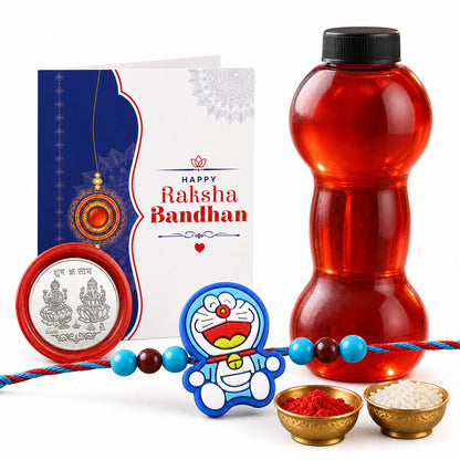 Blue Cartoon Cat Rakhi with Water Bottle Gift Combo - Kids Rakhi, Silver-Plated Coin, Roli Chawal & Greeting Card