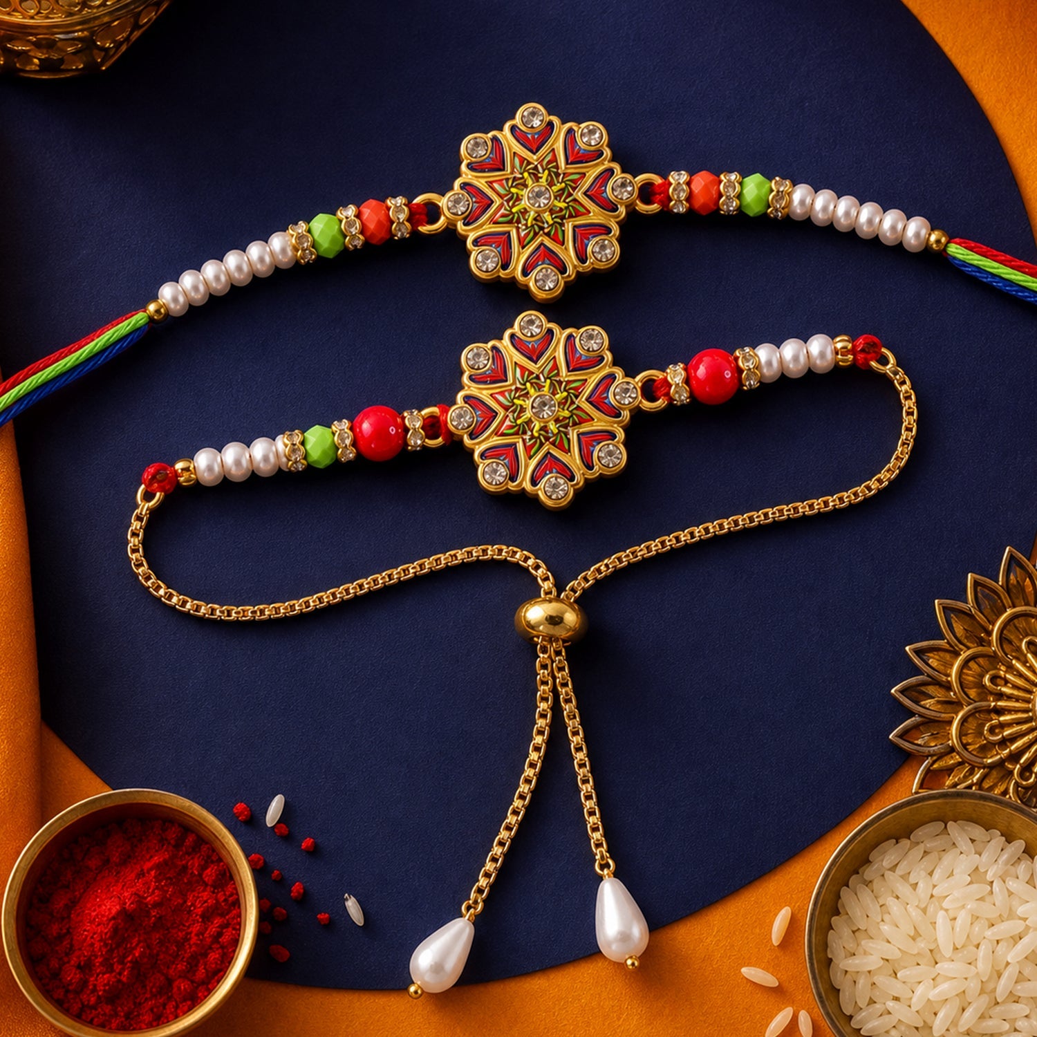 Two floral Kundan bracelets with colorful beads and pearls, displayed on a dark blue and orange background with scattered