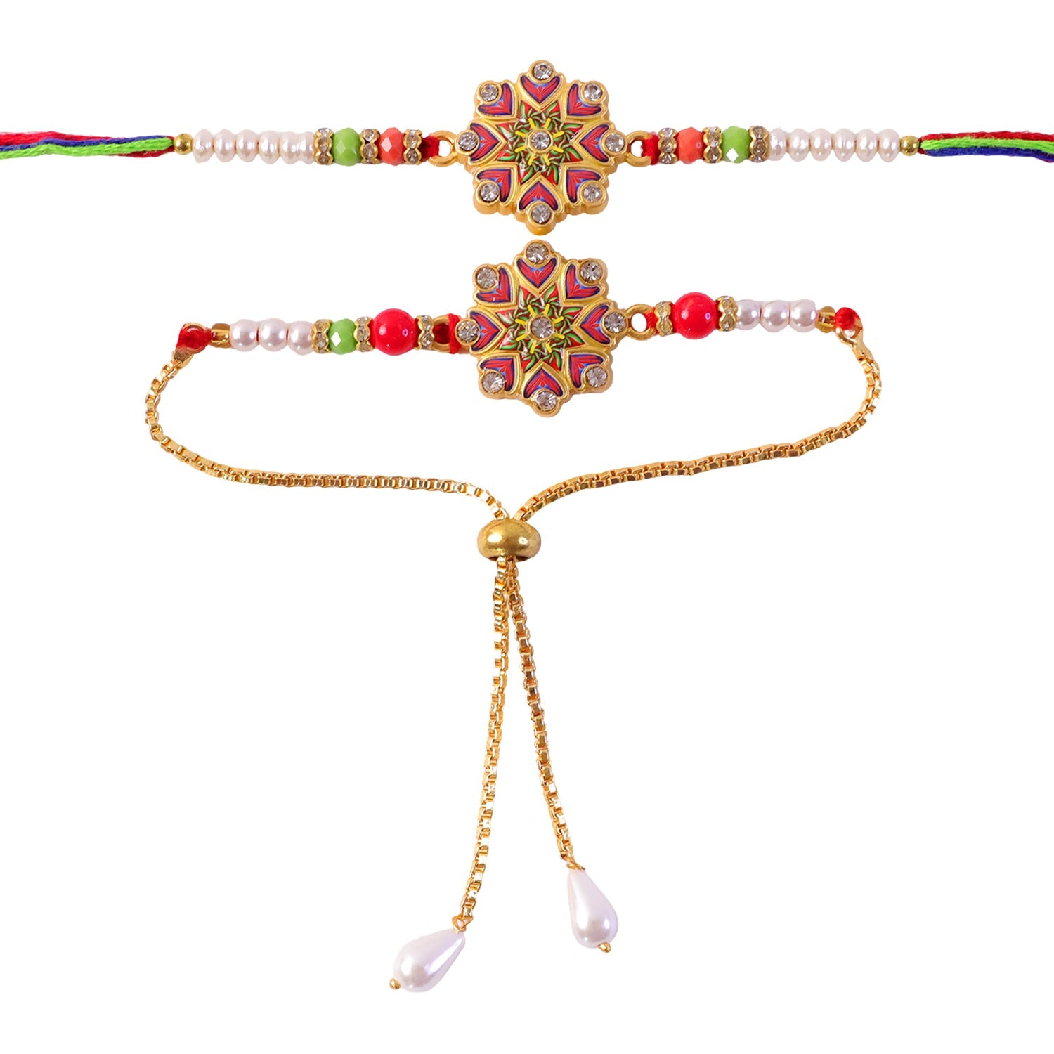A pair of floral Kundan bracelets with colorful beads and pearls, one with a thread tie and the other with a gold chain, on