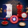 Superhero Shield Rakhi with Water Bottle Gift Combo - Kids Rakhi, Silver-Plated Coin, Roli Chawal & Greeting Card