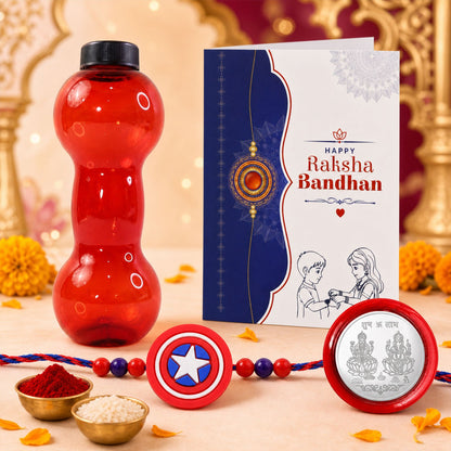 Superhero Shield Rakhi with Water Bottle Gift Combo - Kids Rakhi, Silver-Plated Coin, Roli Chawal & Greeting Card