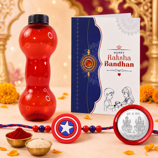 A red water bottle, a blue and white greeting card, a red and blue Captain America shield, and a silver coin are displayed.