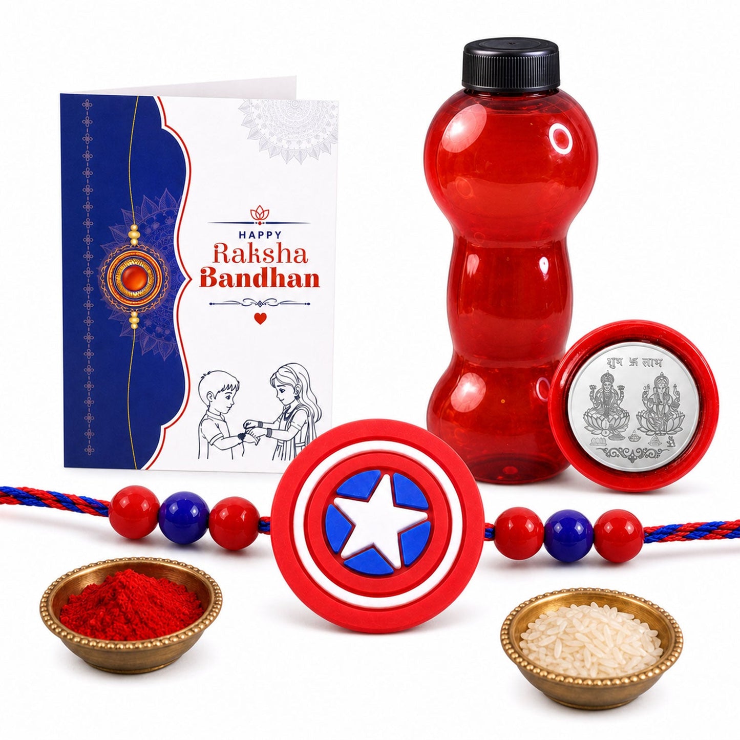Superhero Shield Rakhi with Water Bottle Gift Combo - Kids Rakhi, Silver-Plated Coin, Roli Chawal & Greeting Card