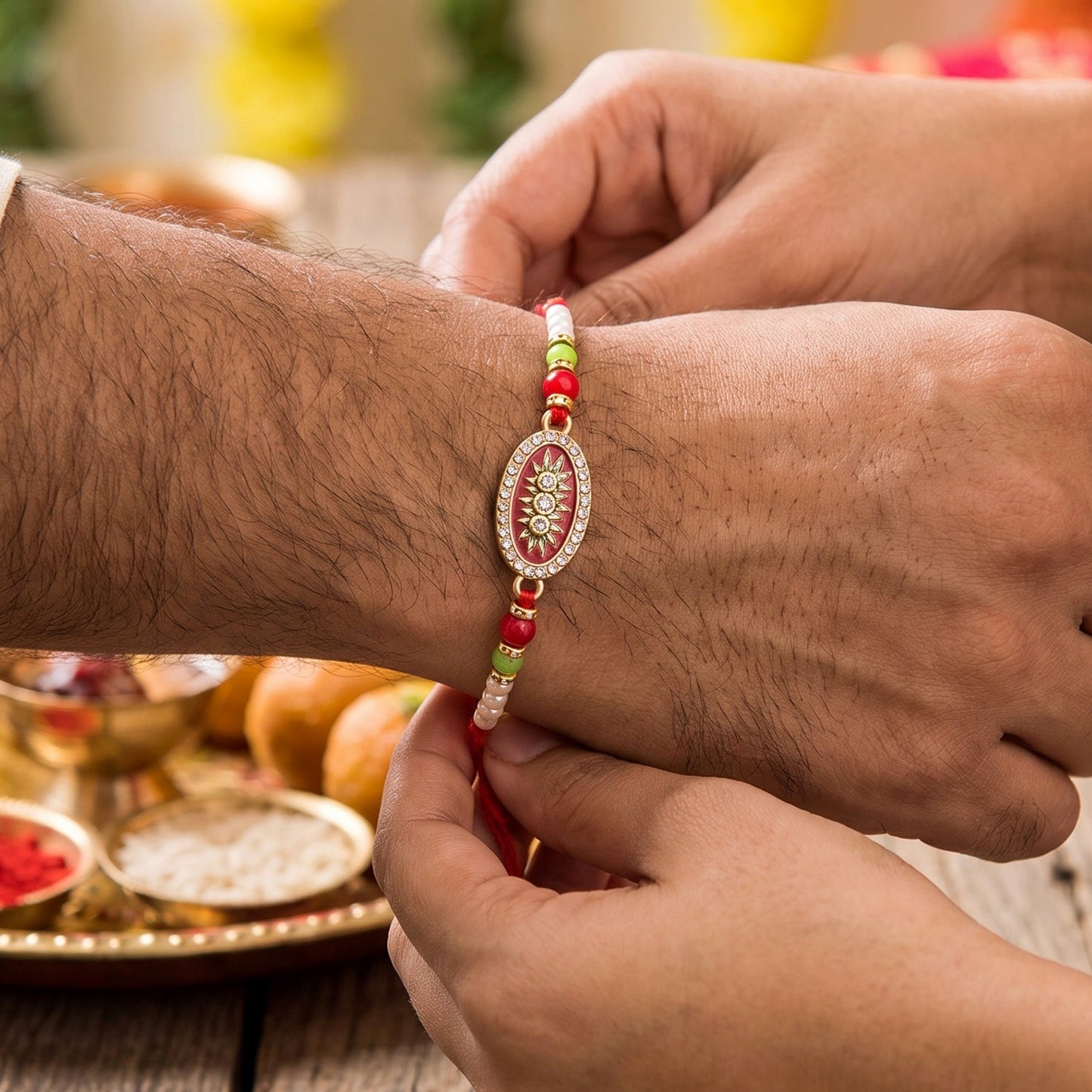 A person's hand ties a red, gold, and pearl beaded bracelet with an oval centerpiece onto another person's wrist.