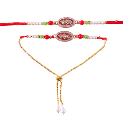 A pair of red, gold, and pearl beaded bracelets with oval centers are presented against a plain white background.