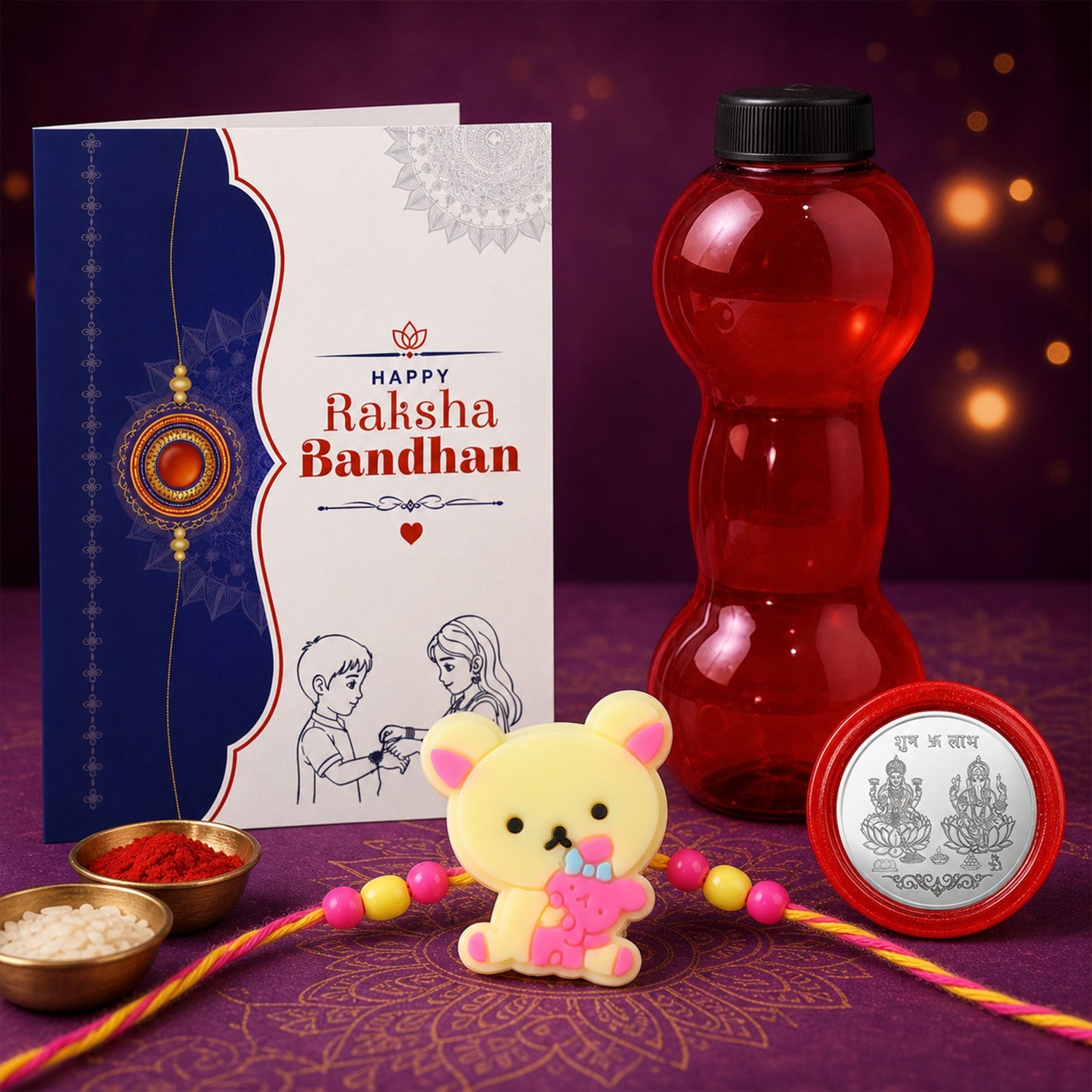 Cute Teddy Bear Rakhi with Water Bottle Gift Combo - Kids Rakhi, Silver-Plated Coin, Roli Chawal & Greeting Card