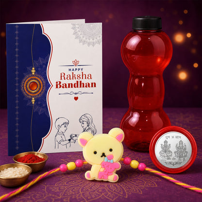 Cute Teddy Bear Rakhi with Water Bottle Gift Combo - Kids Rakhi, Silver-Plated Coin, Roli Chawal & Greeting Card