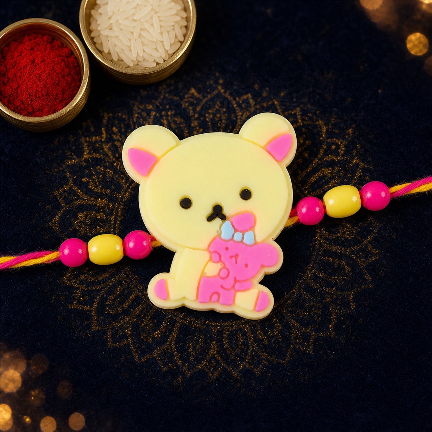Cute Teddy Bear Rakhi with Water Bottle Gift Combo - Kids Rakhi, Silver-Plated Coin, Roli Chawal & Greeting Card